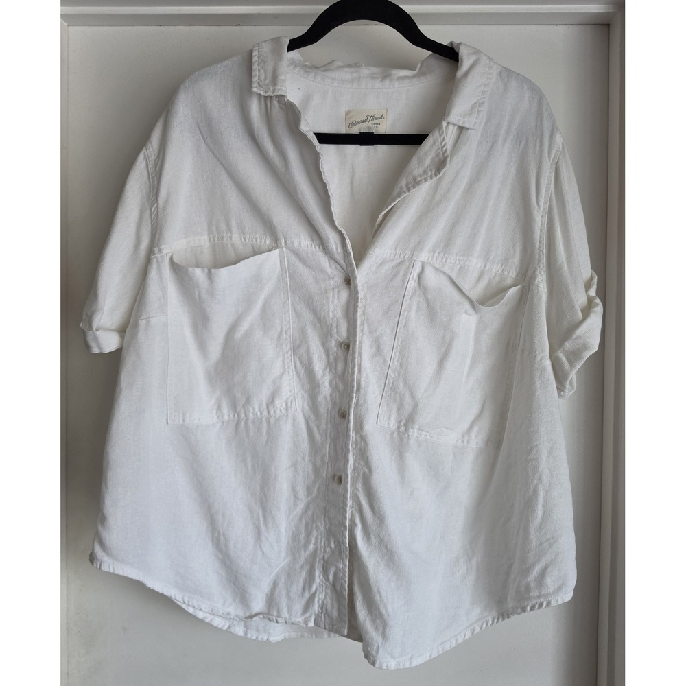 Universal Thread Women Button Down Shirt XXL White Linen Short Sleeve Blouse